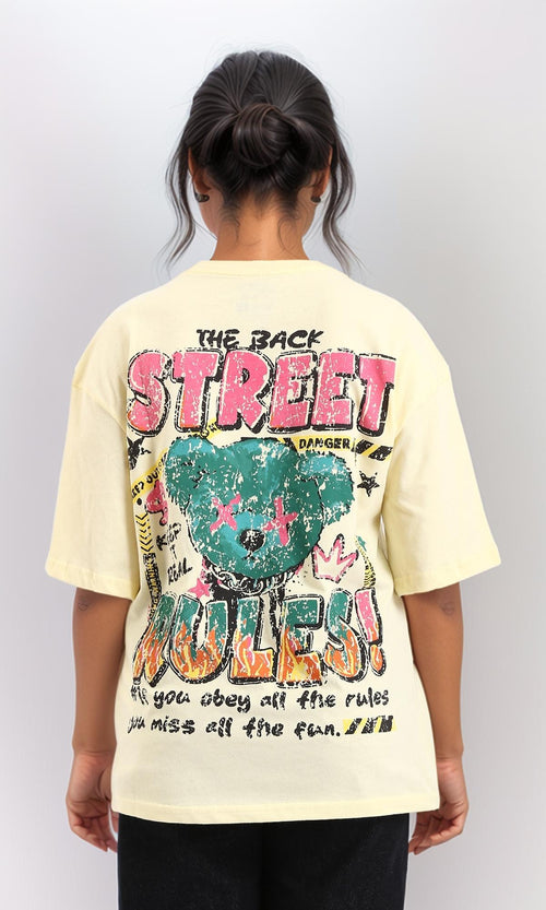 R208554-Slip On Printed Cotton Long Tee - Yellow