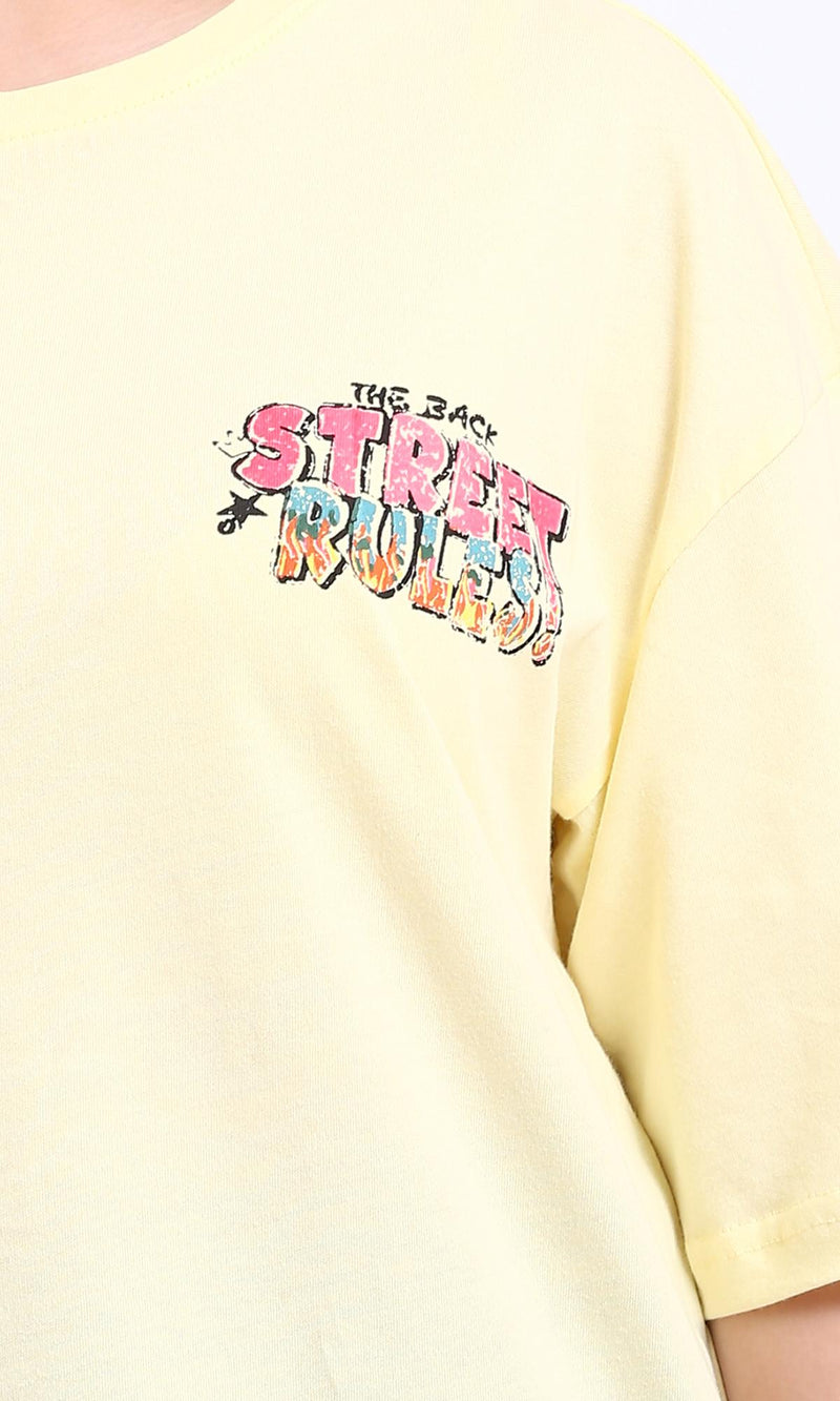 R208554-Slip On Printed Cotton Long Tee - Yellow