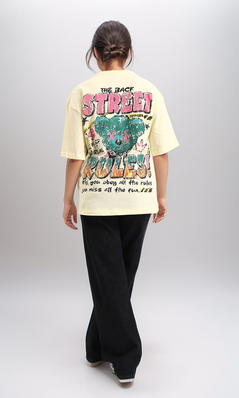 R208554-Slip On Printed Cotton Long Tee - Yellow