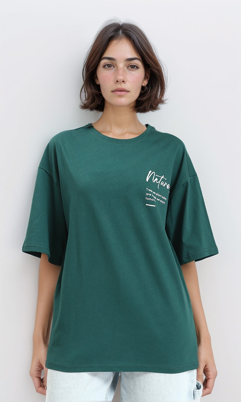 R208555 - Printed "Nature" Slip On Cotton Tee - Dark Green