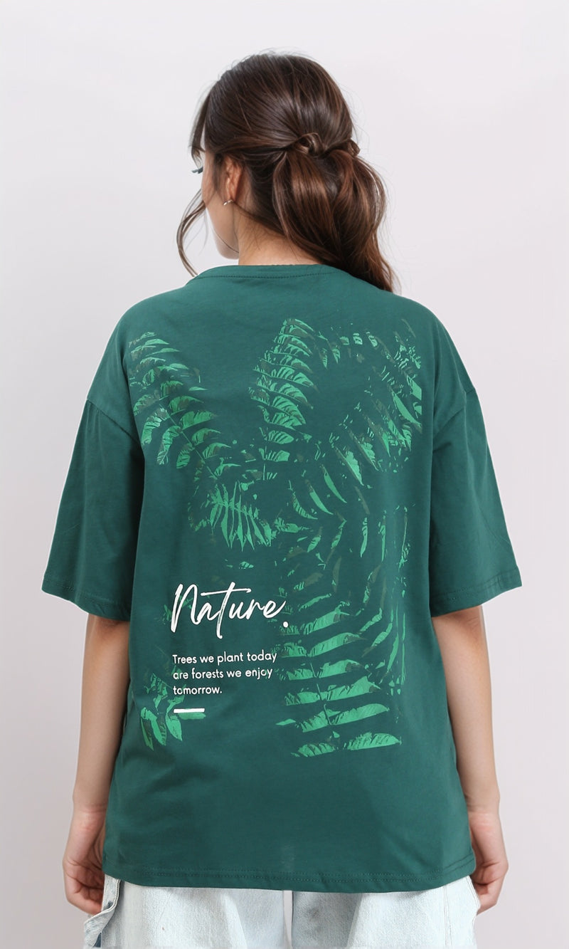 R208555 - Printed "Nature" Slip On Cotton Tee - Dark Green