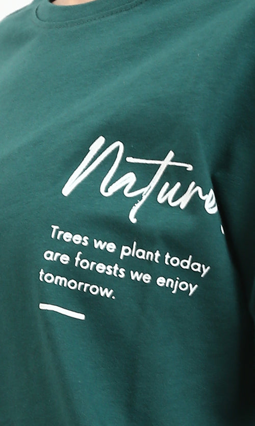 R208555 - Printed "Nature" Slip On Cotton Tee - Dark Green