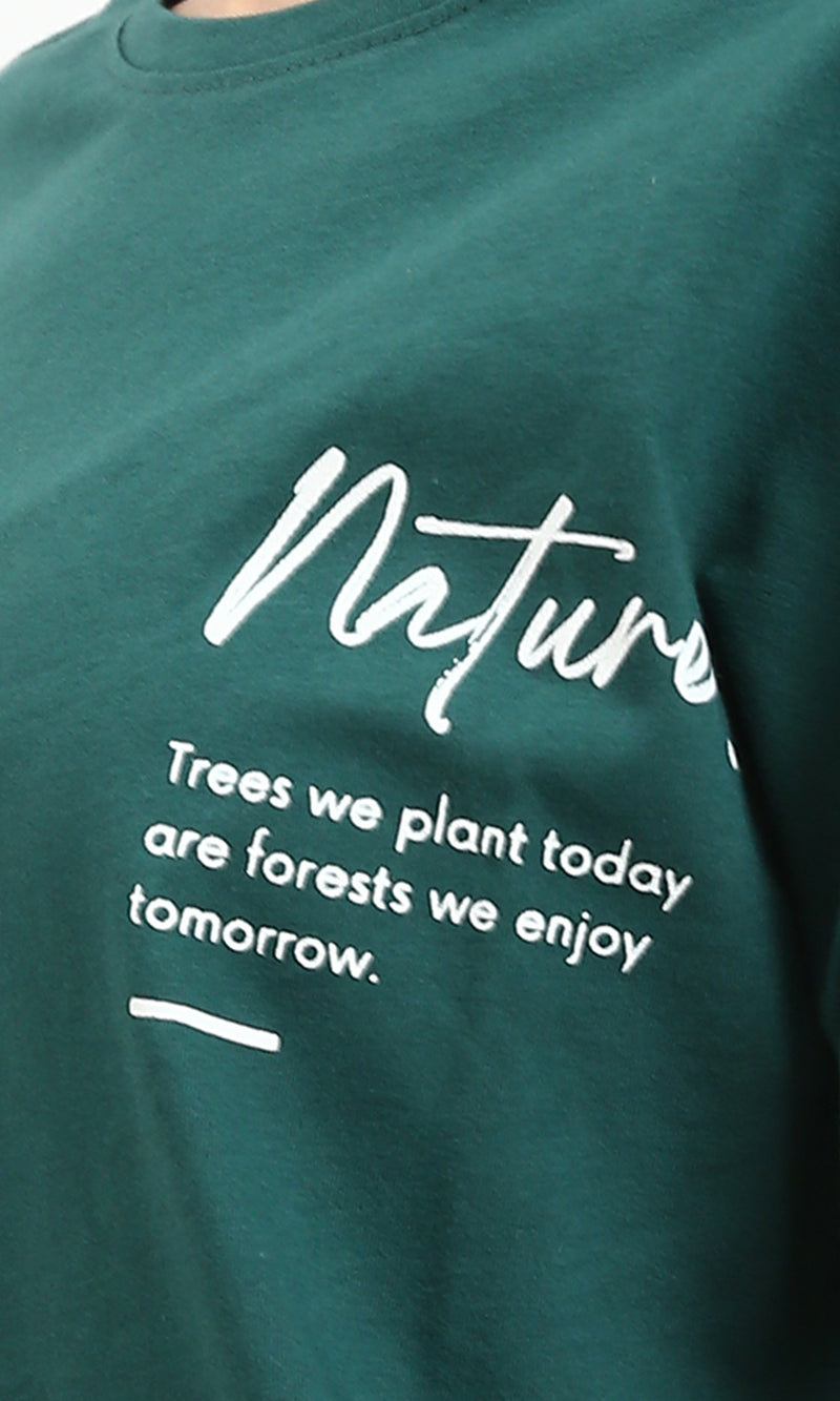 R208555 - Printed "Nature" Slip On Cotton Tee - Dark Green