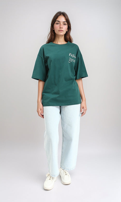 R208555 - Printed "Nature" Slip On Cotton Tee - Dark Green