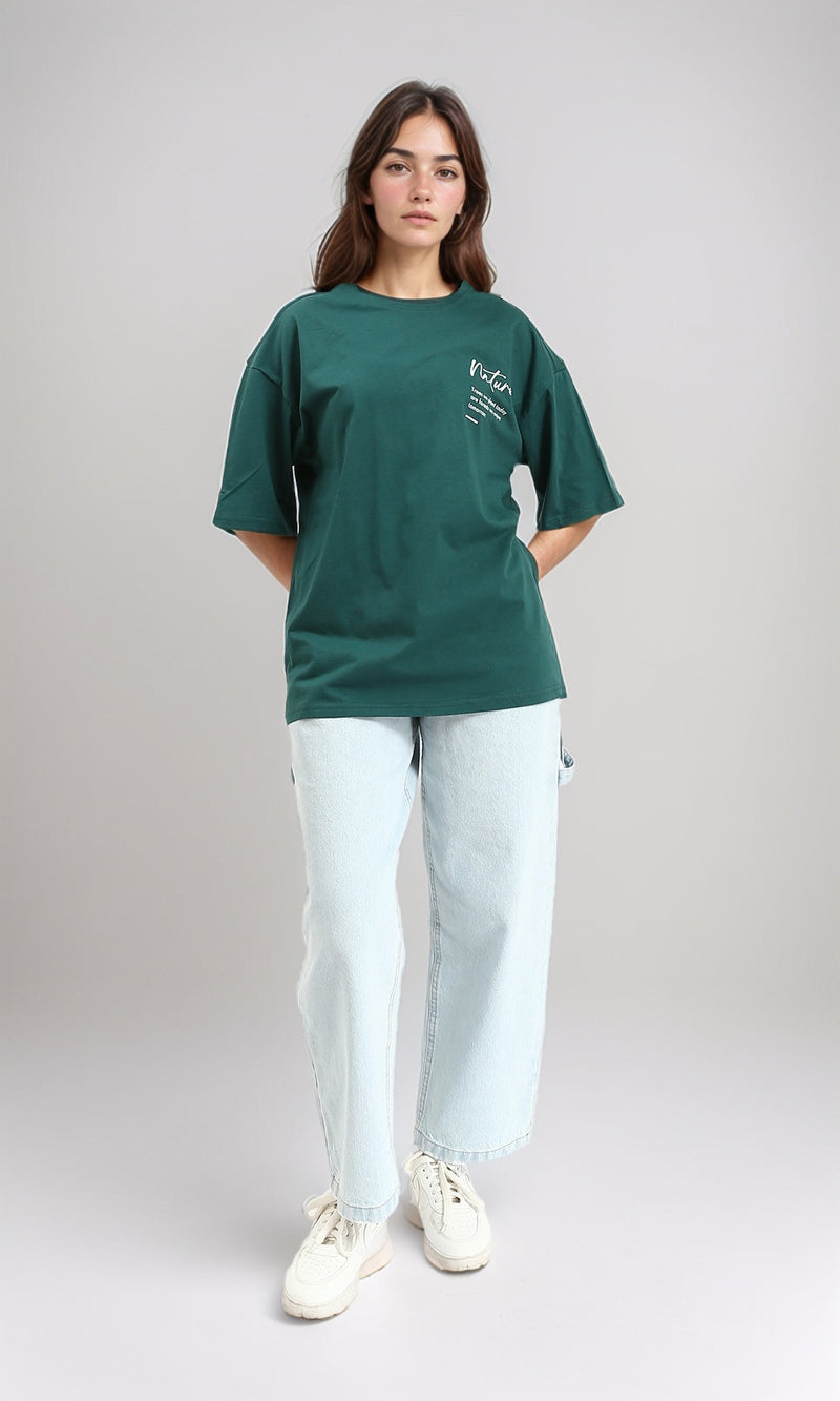 R208555 - Printed "Nature" Slip On Cotton Tee - Dark Green