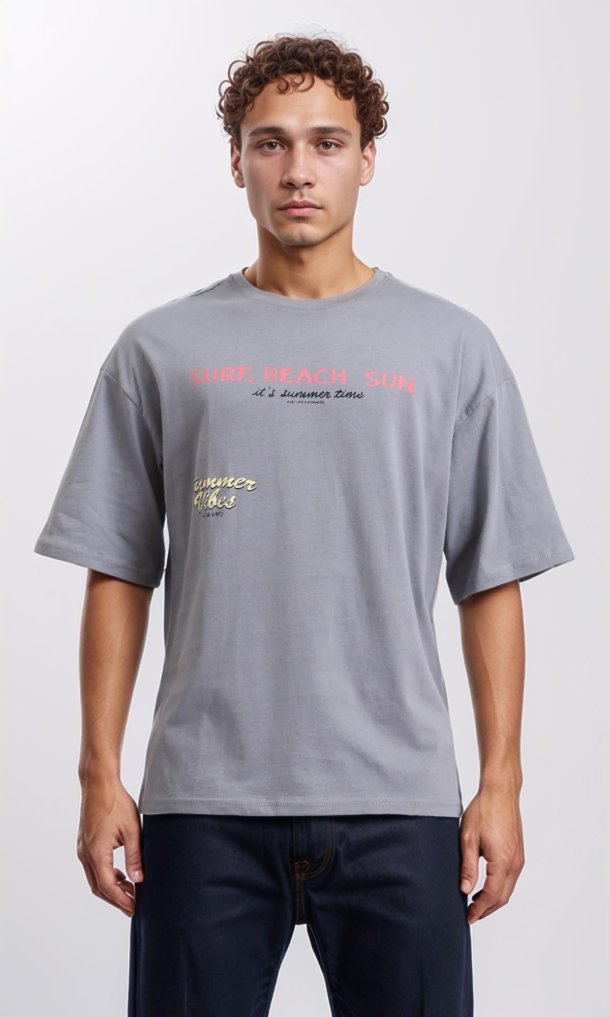 Printed Relaxed Slip On Cotton Tee - Grey