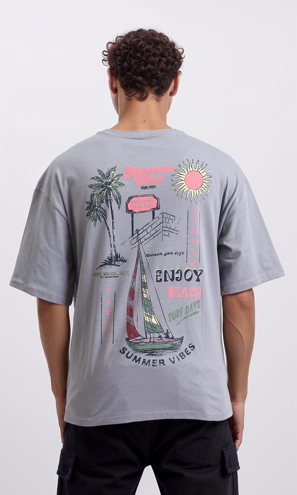 R208560 - Printed Relaxed Slip On Cotton Tee - Grey