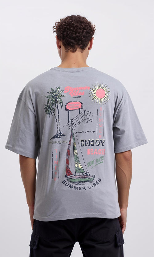 R208560 - Printed Relaxed Slip On Cotton Tee - Grey