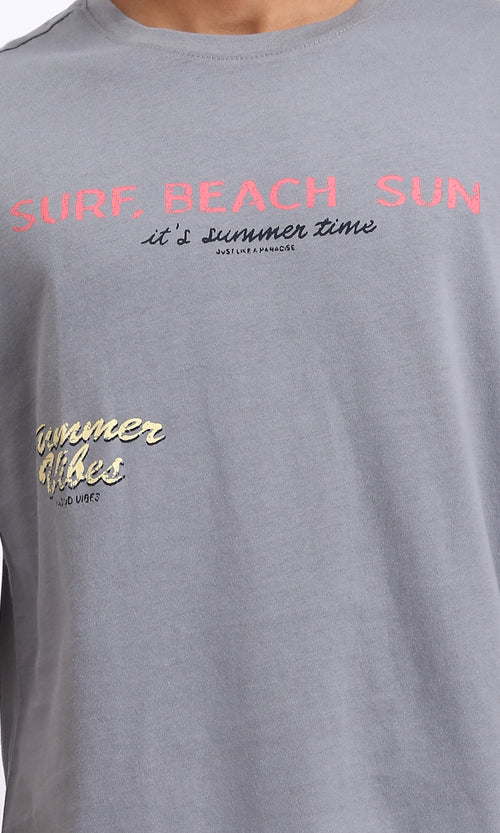 R208560 - Printed Relaxed Slip On Cotton Tee - Grey
