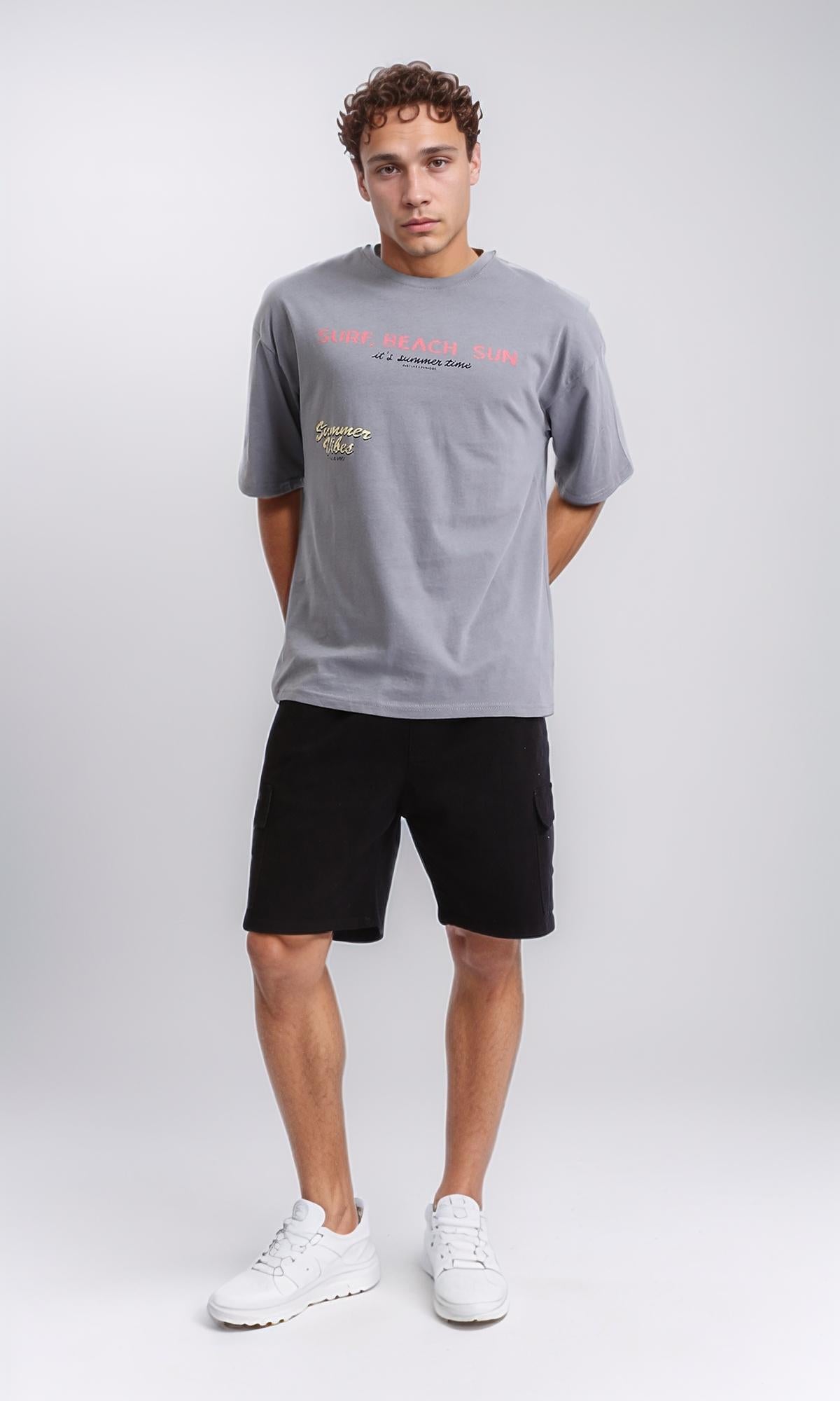 R208560 - Printed Relaxed Slip On Cotton Tee - Grey