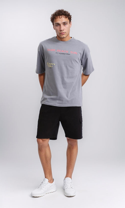 R208560 - Printed Relaxed Slip On Cotton Tee - Grey