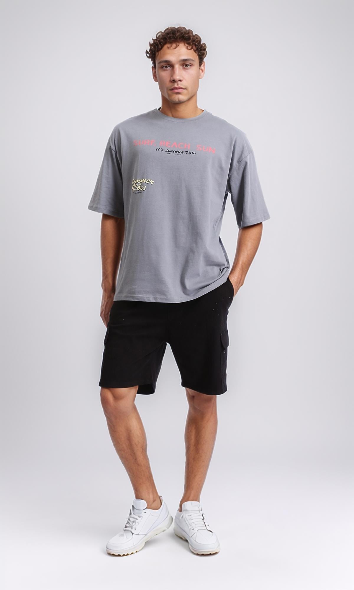 R208560 - Printed Relaxed Slip On Cotton Tee - Grey
