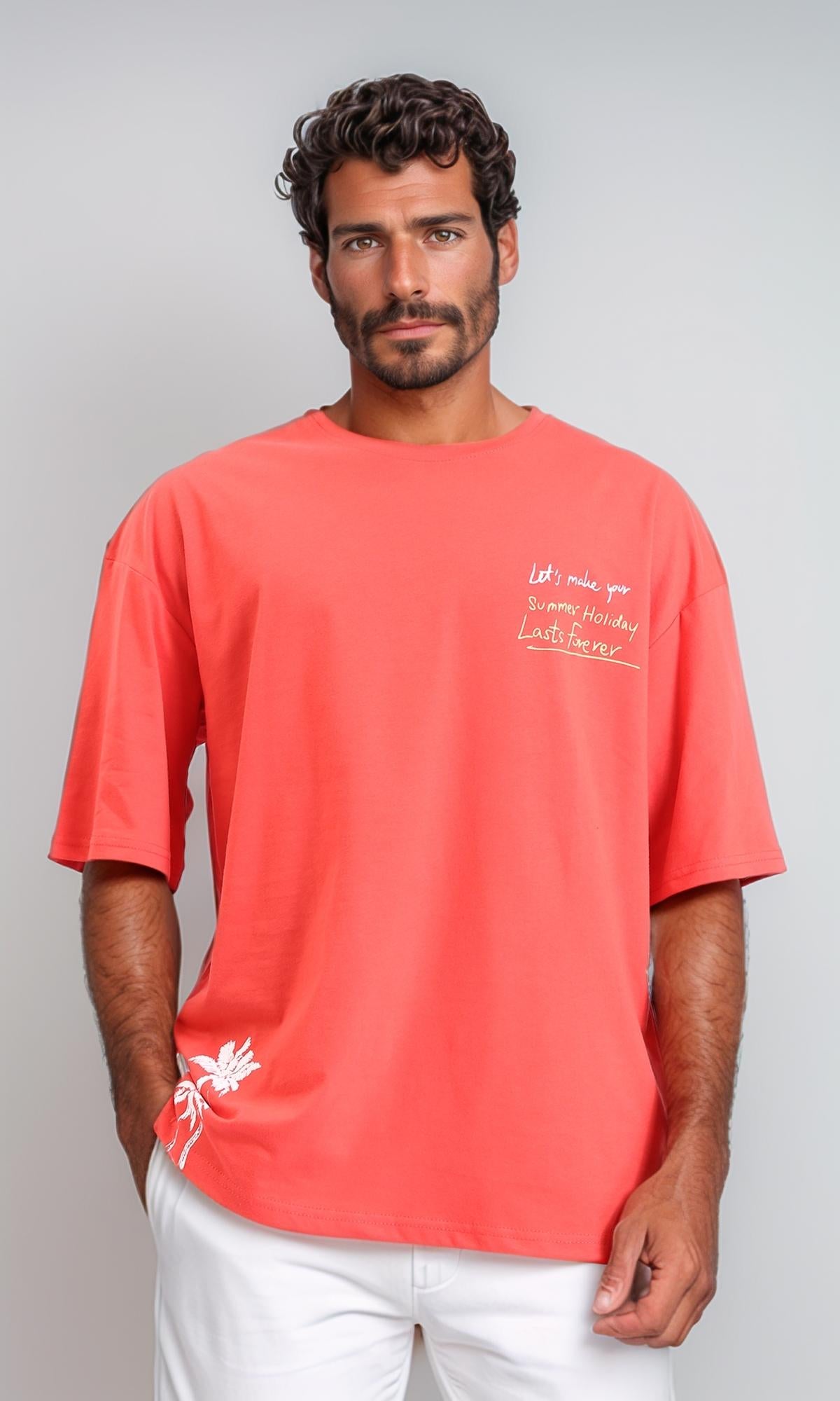 Crew Neck Printed Cotton Long Tee - Watermelon