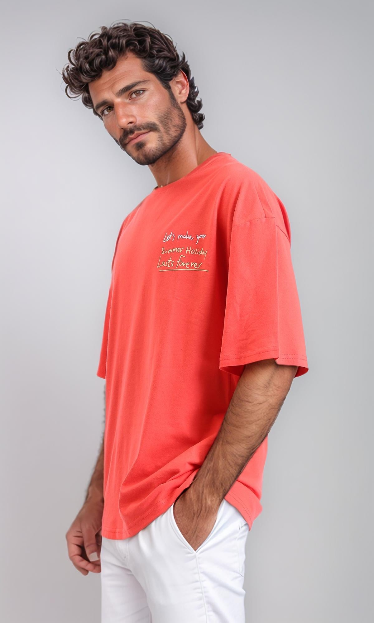 R208561 - تيشيرت طويل قطن بطبعة وياقة دائرية - بطيخي