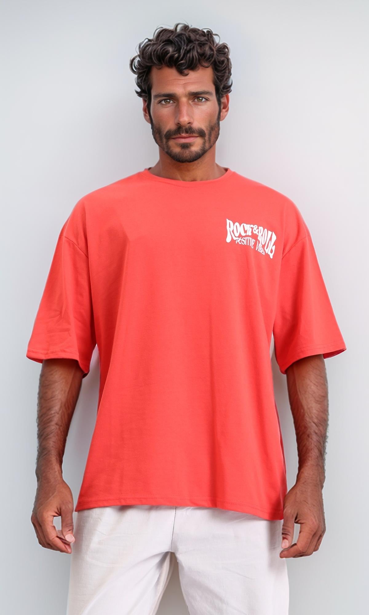 Crew Neck Printed "rock & Roll" Long Tee - Watermelon