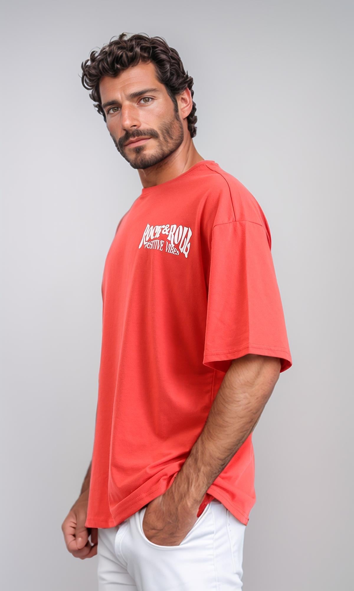 R208562 - تيشيرت طويل بياقة دائرية مطبوع بعبارة "روك آند رول" - بطيخي