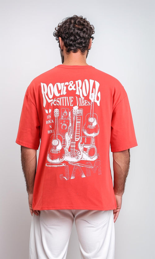 R208562 - Crew Neck Printed "Rock & Roll" Long Tee - Watermelon