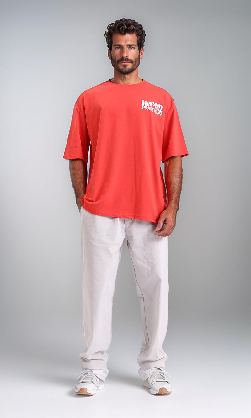 R208562 - Crew Neck Printed "Rock & Roll" Long Tee - Watermelon