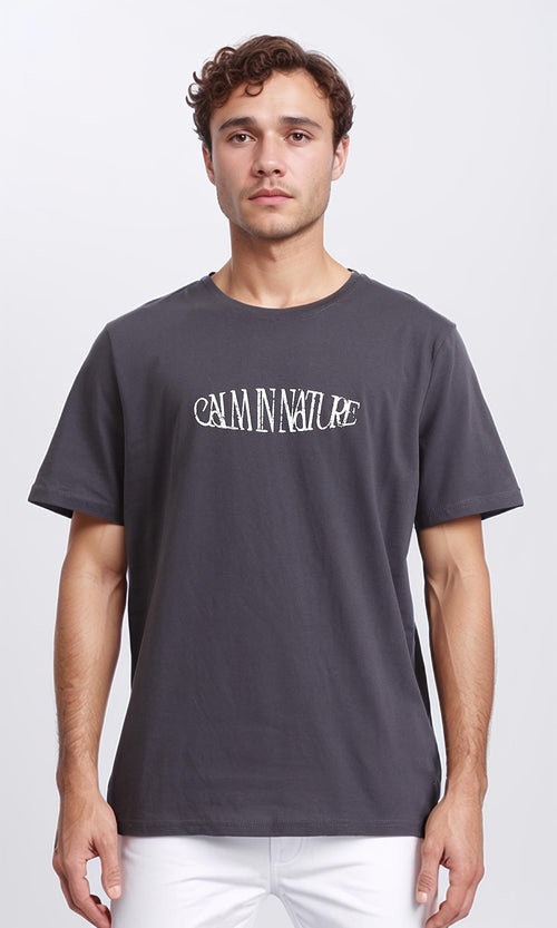 R208574 - Regular Fit Printed Slip On Tee - Dark Grey