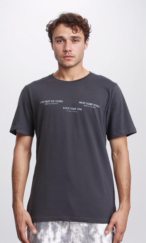 R208575 - Crew Neck Printed Slip On Tee - Dark Grey