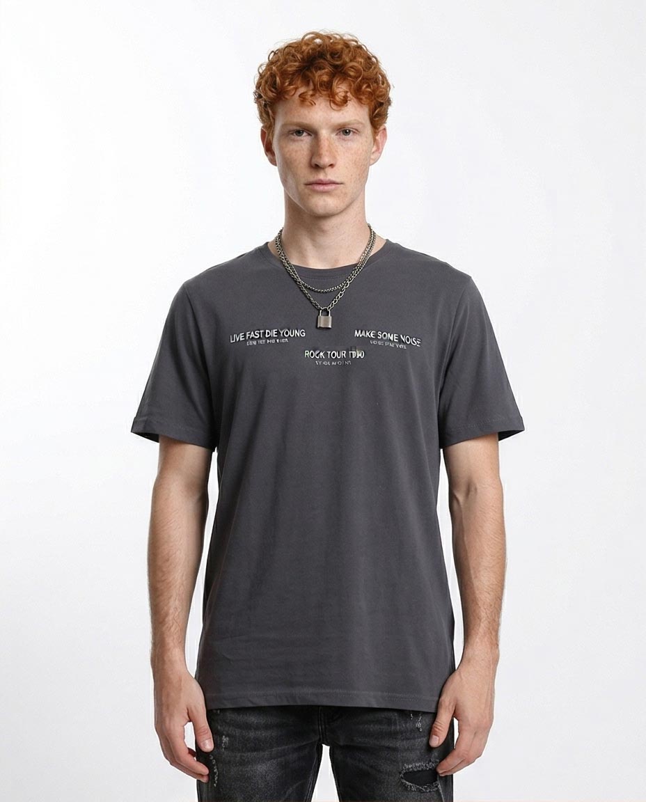 Man wearing a dark gray t-shirt with text on a white background