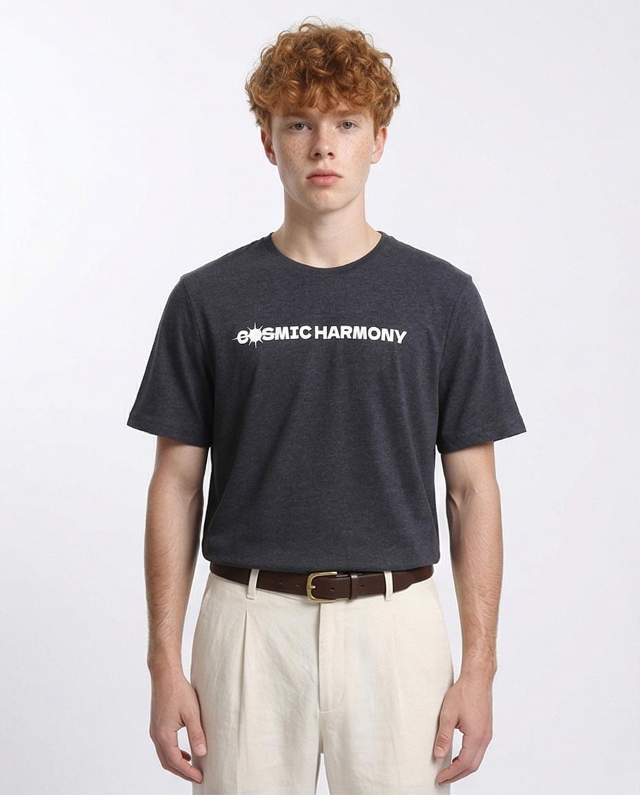 Person wearing a black t-shirt with 'OMIC HARMONY' text on a white background