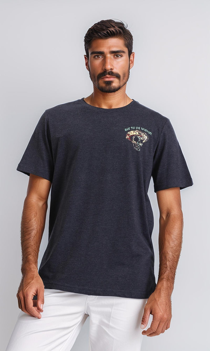 R208588-Cotton Slip On Tee with Front Print - Heather Black