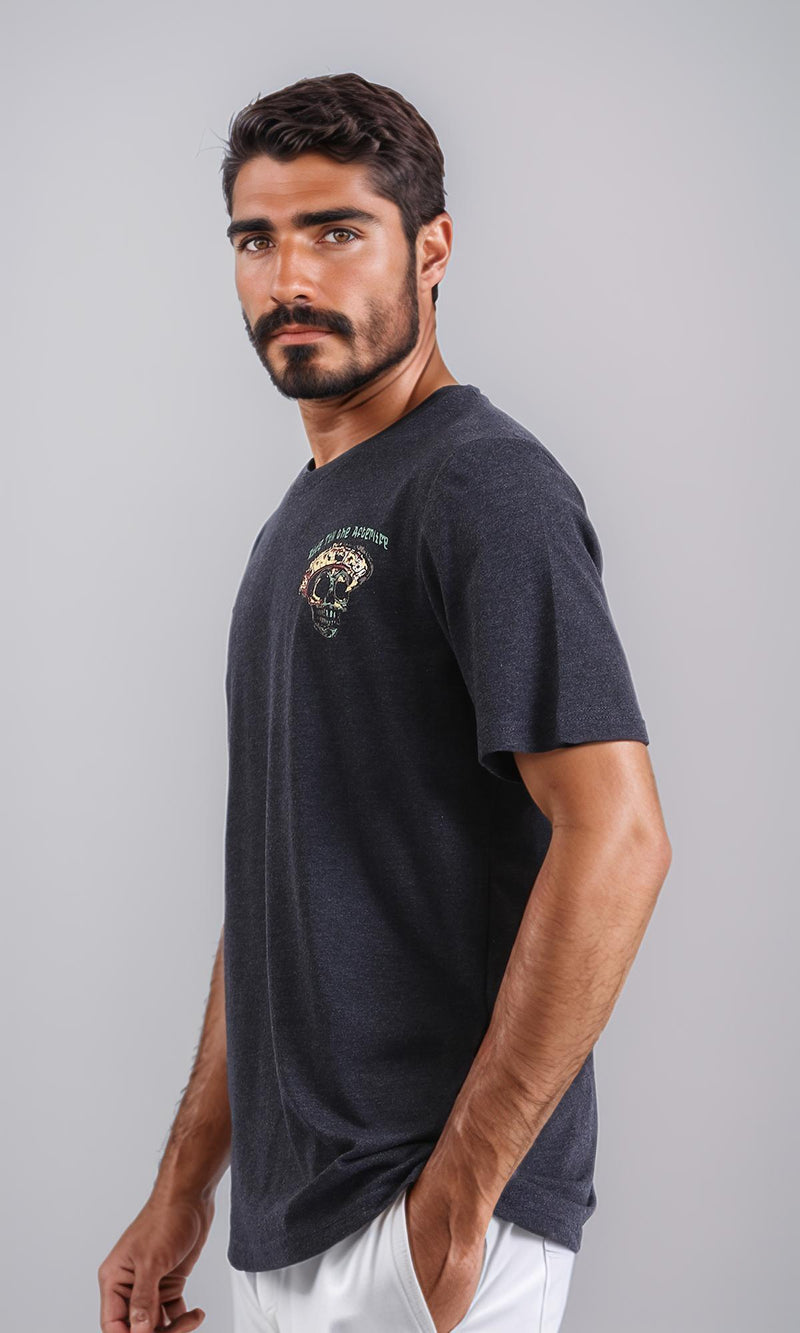 R208588-Cotton Slip On Tee with Front Print - Heather Black