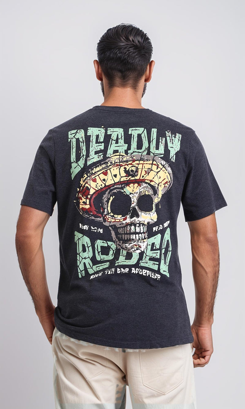 R208588-Cotton Slip On Tee with Front Print - Heather Black