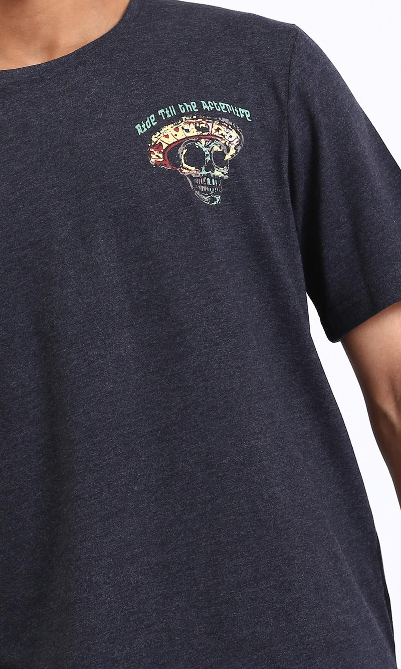 R208588-Cotton Slip On Tee with Front Print - Heather Black