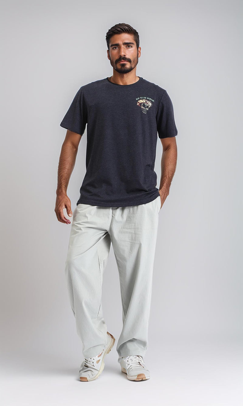 R208588-Cotton Slip On Tee with Front Print - Heather Black