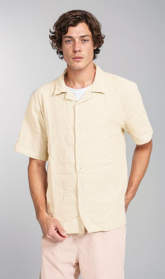 R208595 - Linen Short-Sleeve Button-Up Shirt - Beige