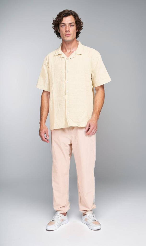 R208595 - Linen Short-Sleeve Button-Up Shirt - Beige