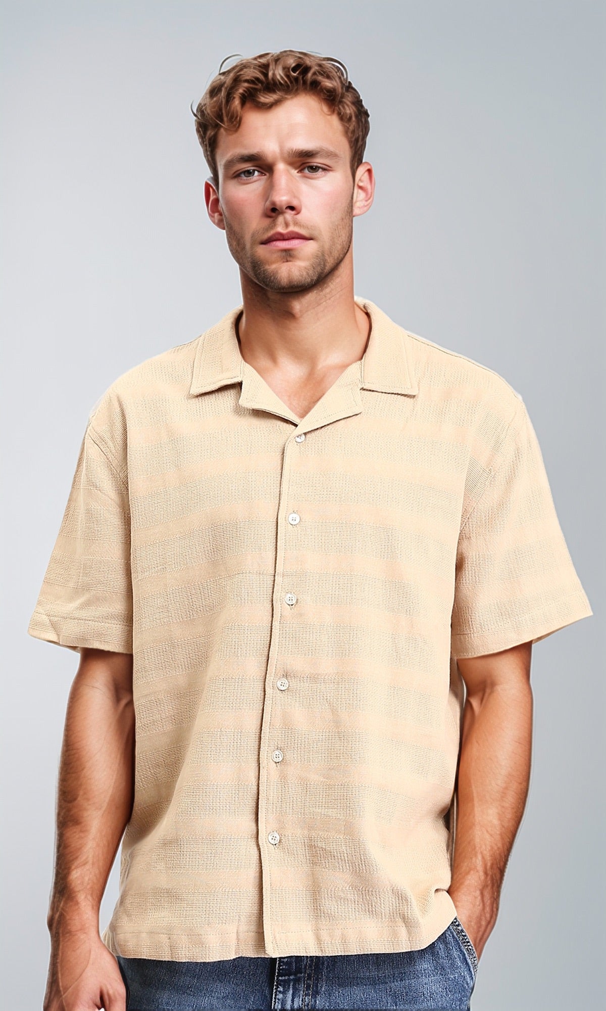 Self Striped Buttons Down Summer Shirt - Light Camel