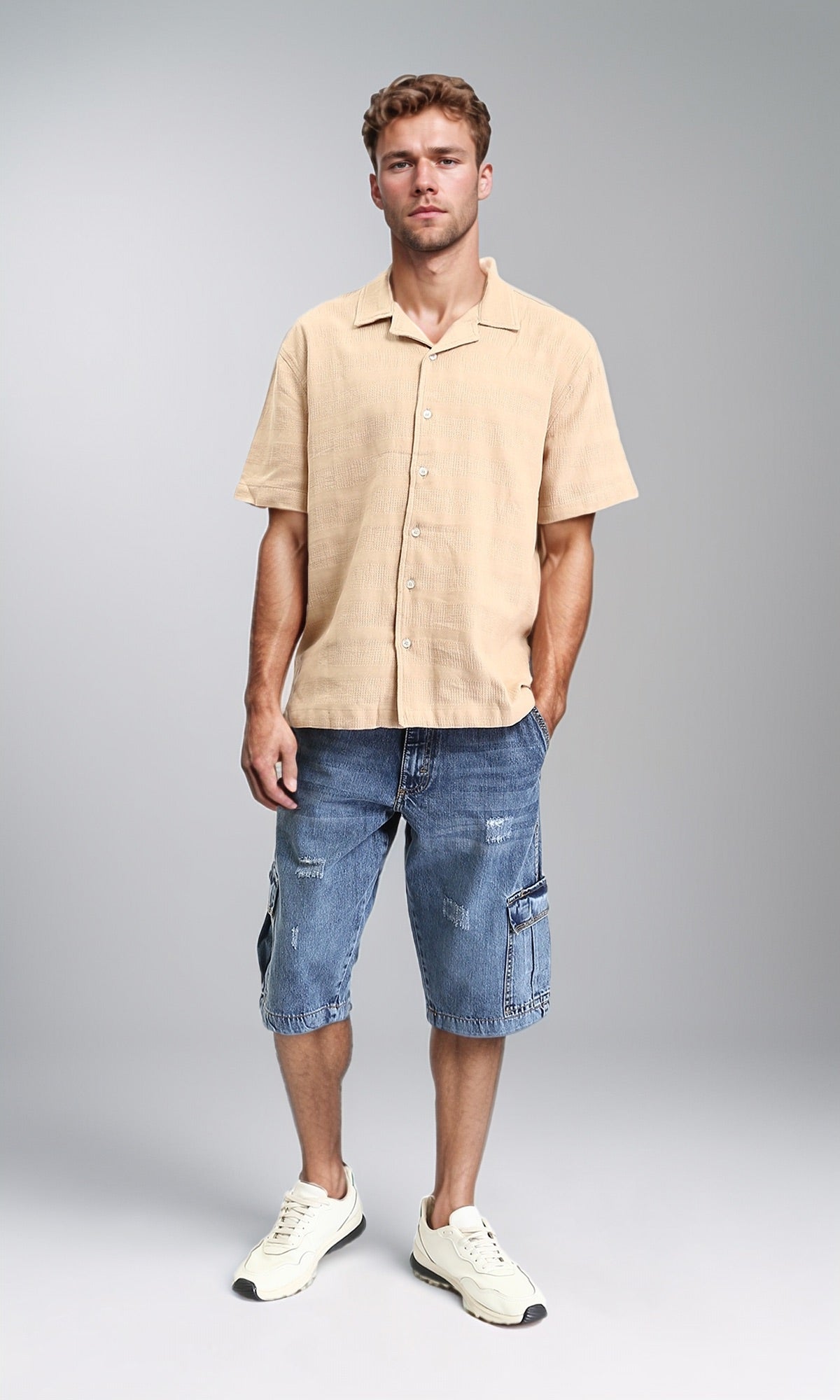 R208596 - Self Striped Buttons Down Summer Shirt - Light Camel
