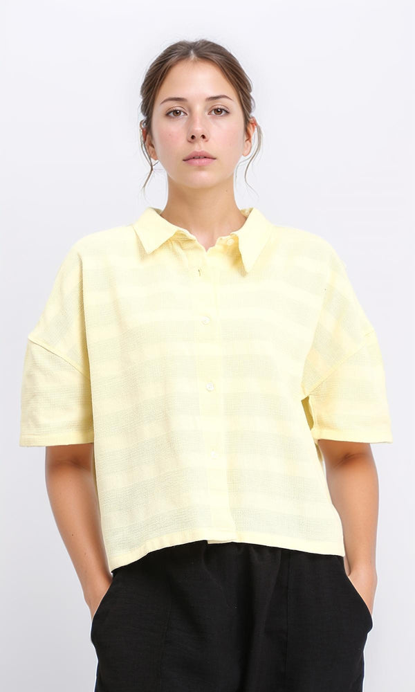 R208597 - Self Striped Elbow Sleeves Shirt - Yellow
