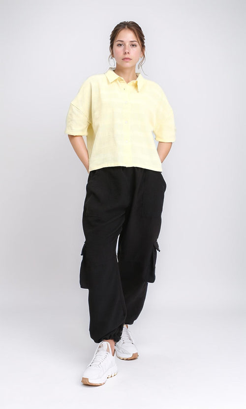 R208597 - Self Striped Elbow Sleeves Shirt - Yellow