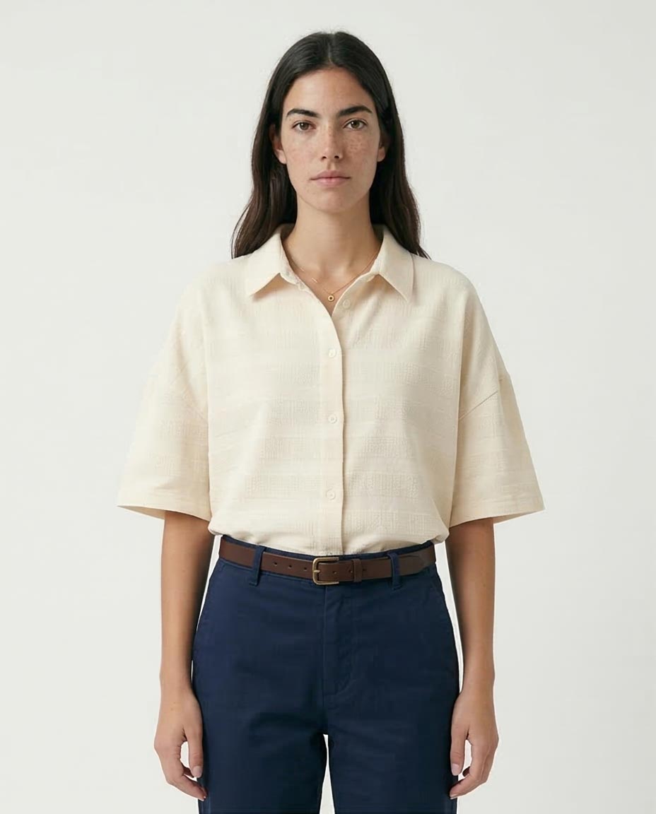 Women's Textured Seersucker Boxy Short-Sleeve Shirt - Off-White