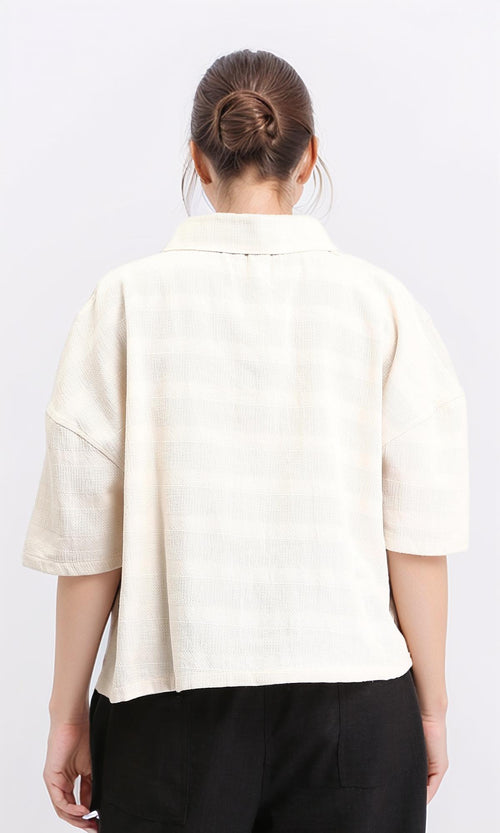 R208599 - Self Striped Elbow Sleeves Shirt - Light Beige