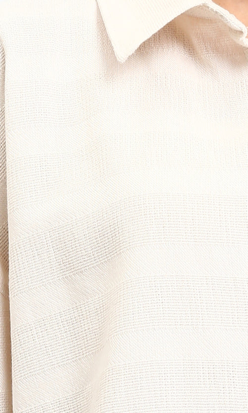 R208599 - Self Striped Elbow Sleeves Shirt - Light Beige