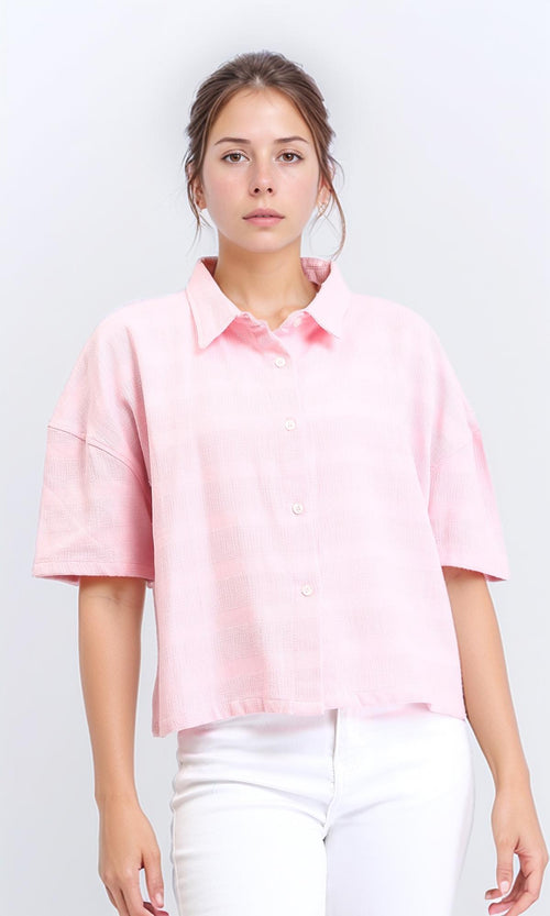 R208600 - Self Striped Elbow Sleeves Shirt - Light Pink