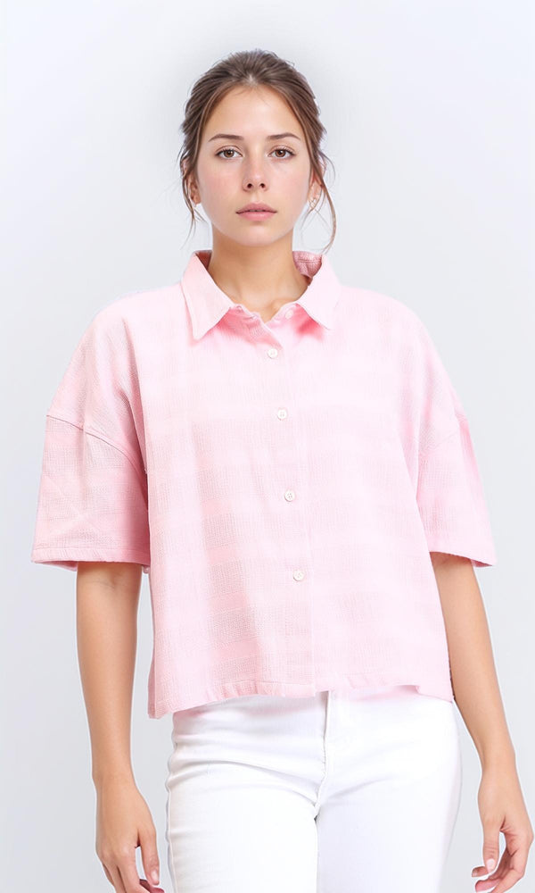 R208600 - Self Striped Elbow Sleeves Shirt - Light Pink