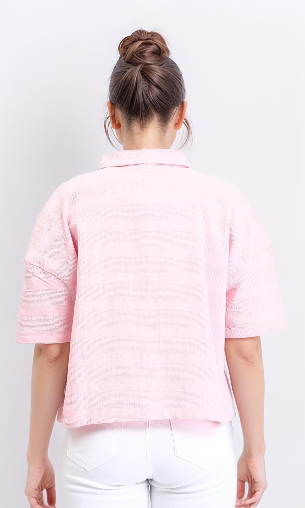 R208600 - Self Striped Elbow Sleeves Shirt - Light Pink