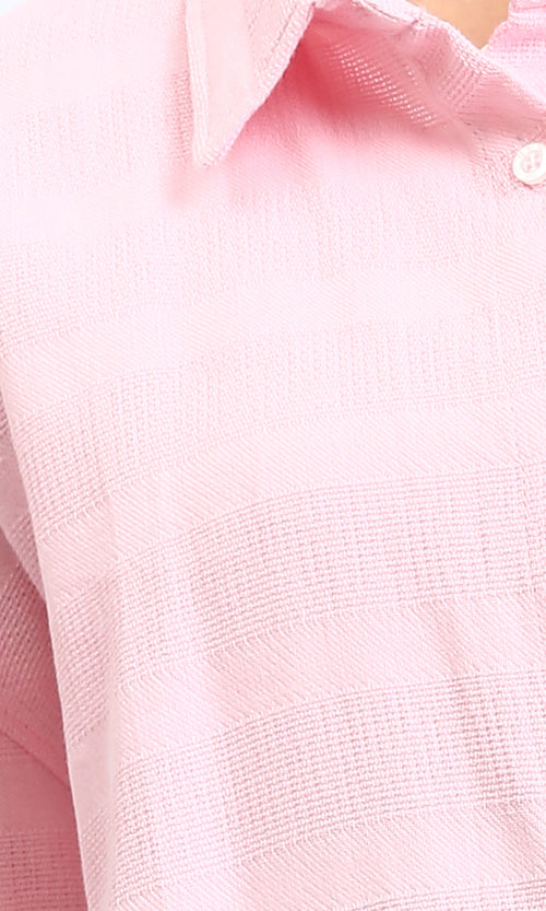 R208600 - Self Striped Elbow Sleeves Shirt - Light Pink