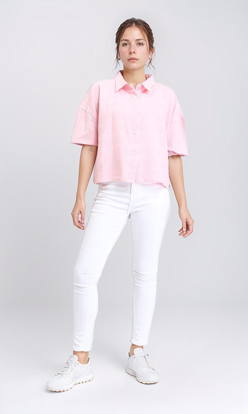 R208600 - Self Striped Elbow Sleeves Shirt - Light Pink