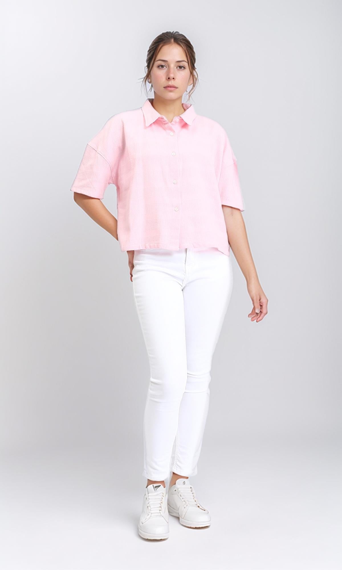 R208600 - Self Striped Elbow Sleeves Shirt - Light Pink
