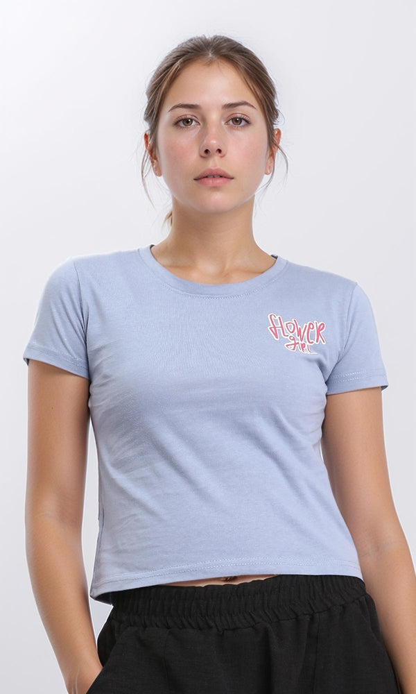 R208602 - "Flower Girl" Printed Cotton Short Tee - Greyish Blue