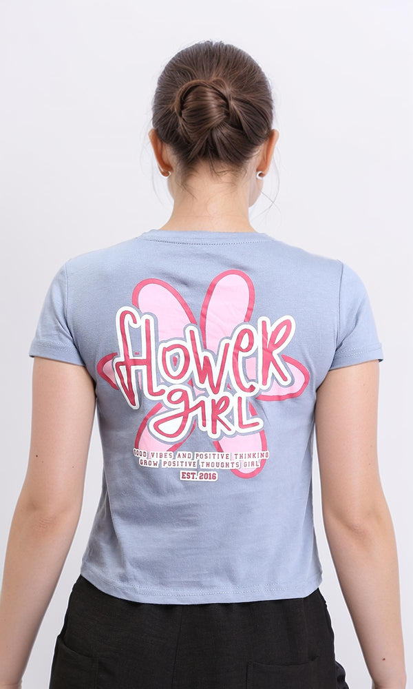 R208602 - "Flower Girl" Printed Cotton Short Tee - Greyish Blue