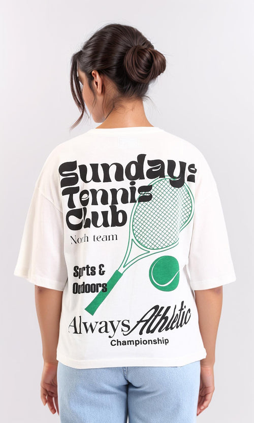 R208604-Crew Neck Printed Cotton Tee - Off-White