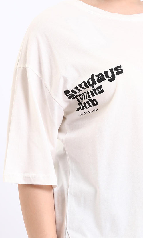 R208604-Crew Neck Printed Cotton Tee - Off-White